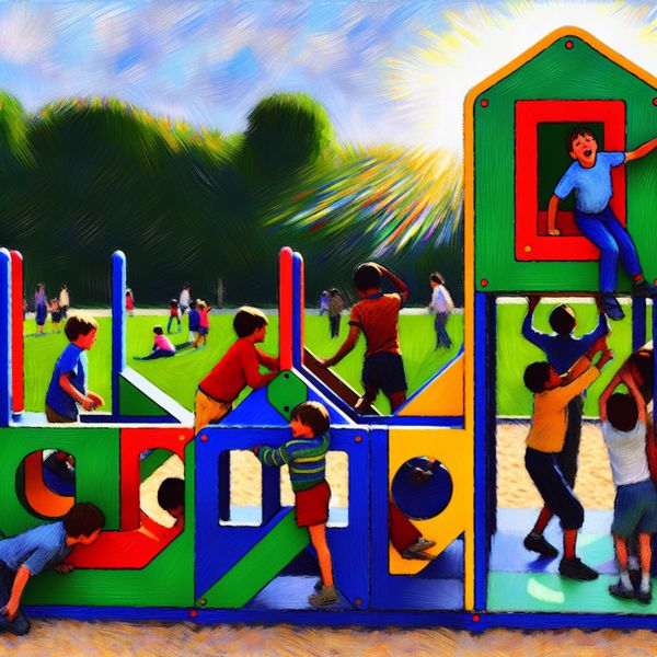 Vibrante Speeltuin Scene met Kleurrijk Toy Cabinet Kinderen spelen op een kleurrijk geometrisch kastje in een speeltuin, omgeven door groen en zonlicht.