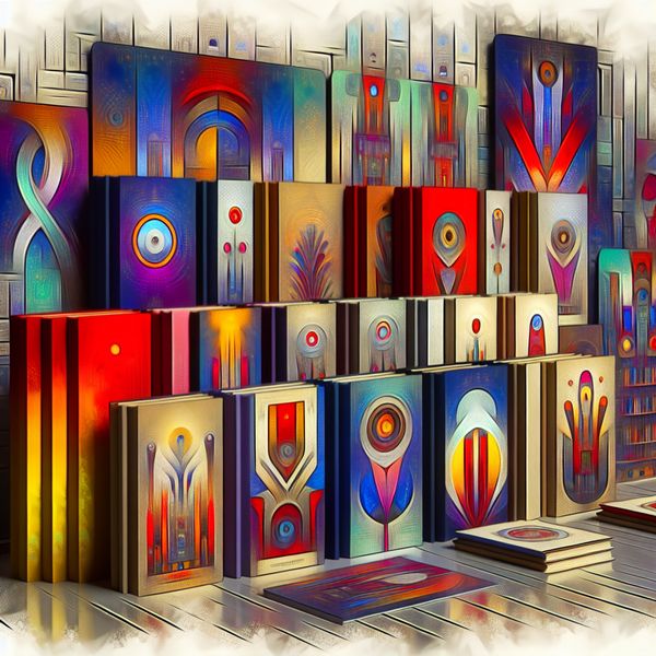 Kleurige boeken en kaarten in retro-futuristische stijl Een verzameling kleurrijke, gestileerde boeken en kaarten in een modern retro-futuristische setting.