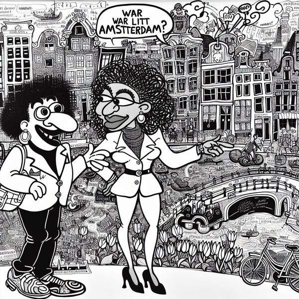 Een kleurrijke cartoonafbeelding van twee figuren die praten over de locatie van Amsterdam met een grote kaart van de stad.