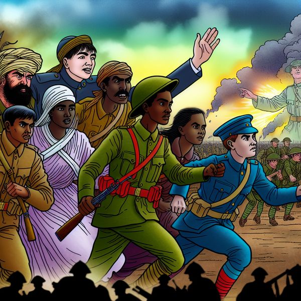 Soldaten in strijd: Heldhaftigheid en opoffering Een kleurrijke cartoonafbeelding van soldaten die in een gevecht vooruit stormen, met een heldendaden thema.