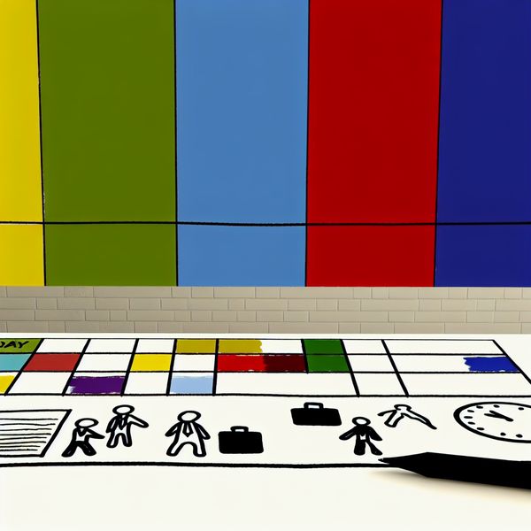 Kleurrijke dagen van de week in minimalistische stijl Minimalistische afbeelding van een kleurrijke week met zeven blokken voor elke dag, en een eenvoudige kalender met werkgerelateerde iconen.