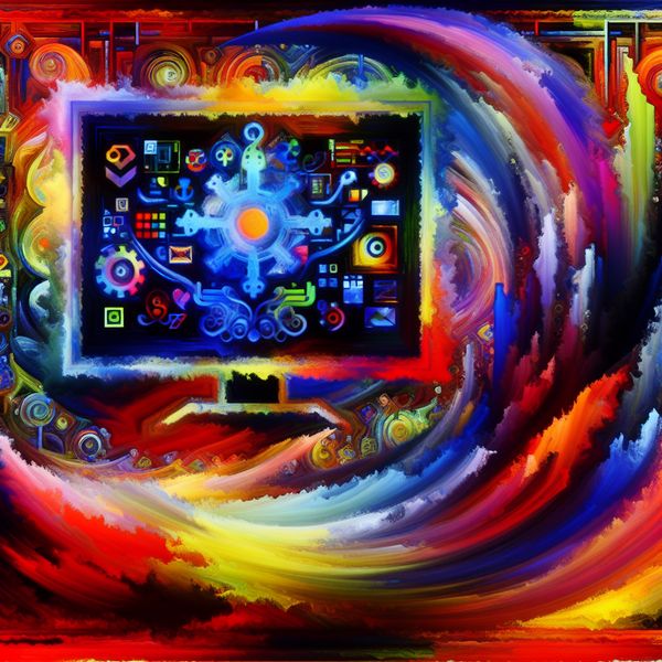 Kleurrijke digitale werkruimte met softwareinterfaces Vibrante abstracte compositie van een digital workspace met een scherm en kleurrijke pictogrammen voor softwaretoepassingen.
