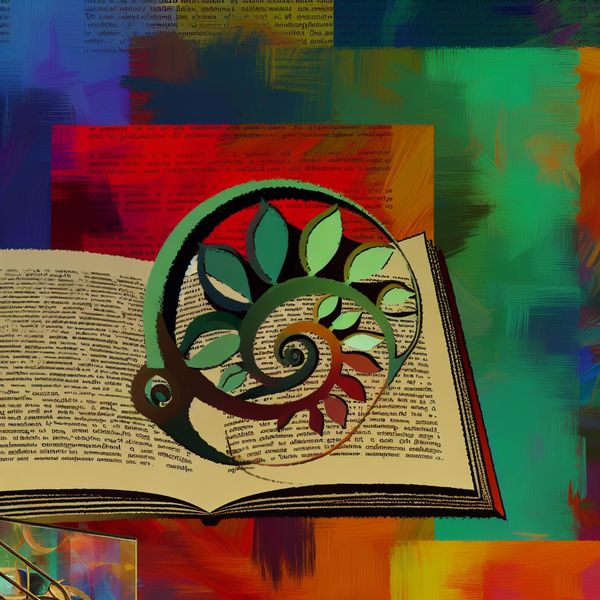 Kleurige Documenten Scène met Kloksymbool door Karel Appel Abstracte scène geïnspireerd door Karel Appel, met kleurrijk document en klok als symbool voor verwijzingen