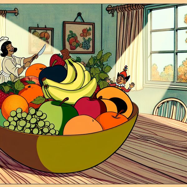 Gezellige mand vol fruit met vrolijke karakters Een kleurrijke schaal vol vruchten zoals appels, bananen, sinaasappels en druiven, met een fruit-snijder en een ondeugend vruchtelixir personage.