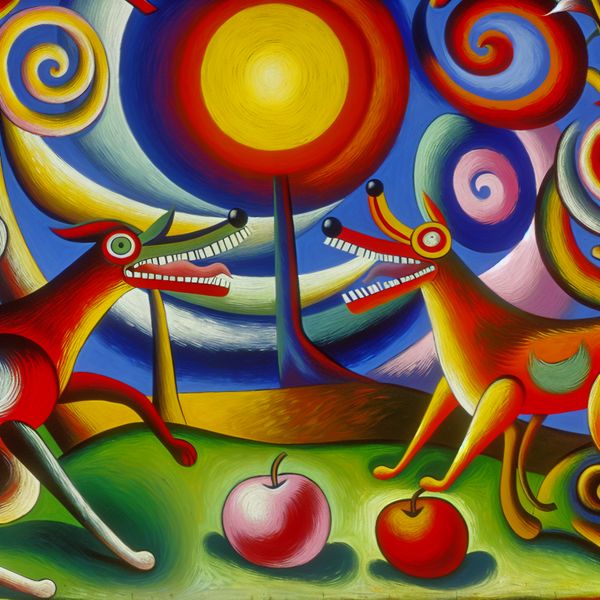 Speelse honden en kleurrijke appels in een levendig park Twee kleurrijke honden spelen in een levendig park met grote, felgekleurde appels, in de stijl van Karel Appel.