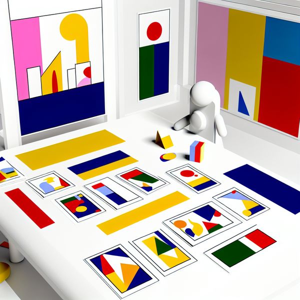 Illustratie van kleurrijke, platte kaarten op een witte tafel, stijl van Dick Bruna