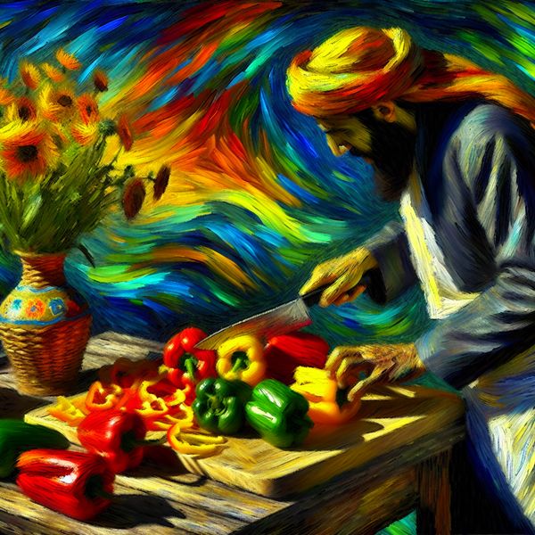 Vibrante Keuken Scene met Pepers en Snijden Persoon snijdt kleurrijke paprika's op een houten snijplank in een levendige keuken.