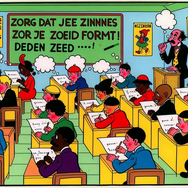 Een kleurrijke cartoon van diverse studenten in een klaslokaal, die het zinnenschrijven oefenen op een groot schoolbord.