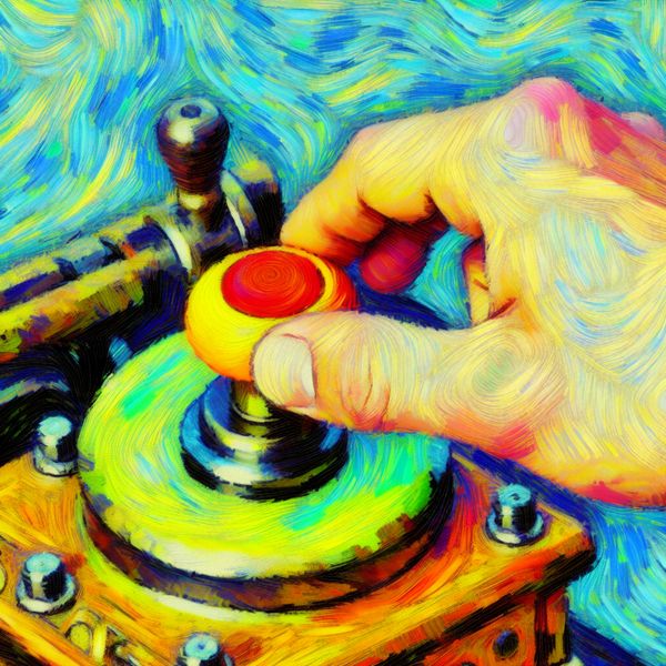 Kleurige knop aandrukken op vintage machine Een hand drukt krachtig op een grote, kleurrijke knop van een vintage machine.