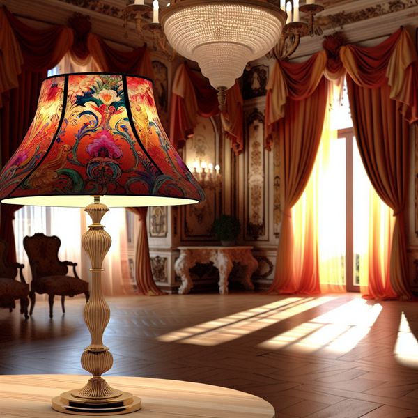 Een elegante lamp met een kleurrijke kap in een weelderig ingerichte kamer met barokke details en warm licht.