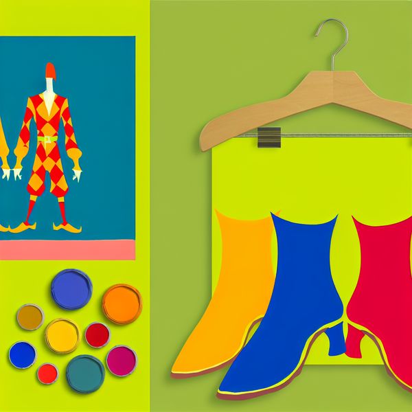 Kleurrijke schoenen en een levendige jurk in Dick Bruna-stijl Een speelse illustratie van twee kleurrijke schoenen naast elkaar, met een livrei op een haak erachter.