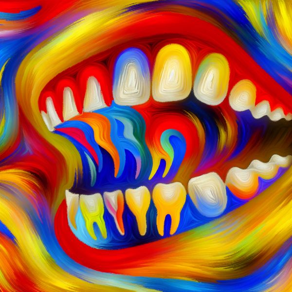 Speelse en kleurrijke representatie van tanden in de mond Abstracte weergave van een menselijke mond met kleurrijke en overdreven tanden, benadrukt molar tanden die belangrijk zijn voor het malen van voedsel.