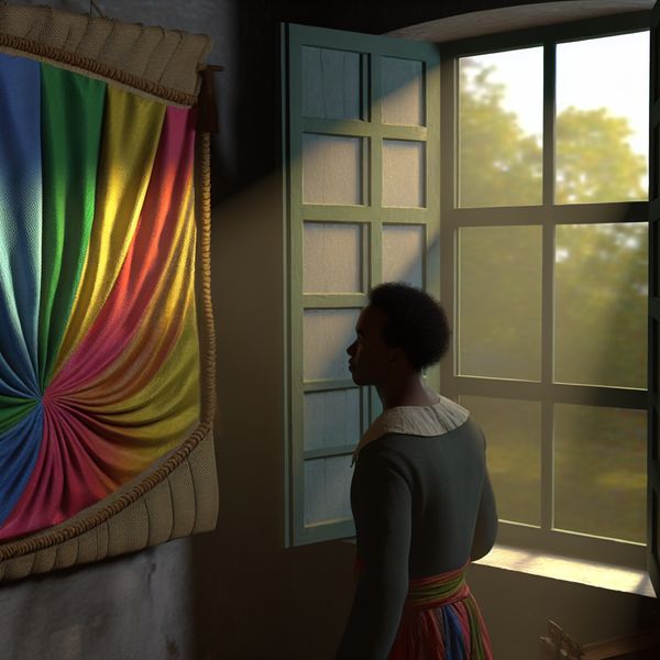Stilleven met kleurrijke vlag en natuurlijk licht Stillevenscène met een open raam dat zacht licht op een kleurrijke vlag werpt, met een figuur die erover nadenkt