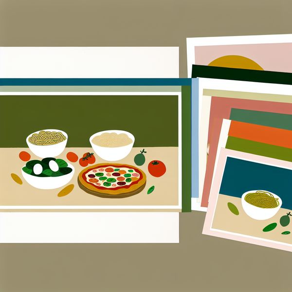 Kleurrijke Voedselillustratie: Pizza, Pasta en Salade Illustratie van een kleurrijke selectie van voedsel met pizza, pasta en salade op een tafel