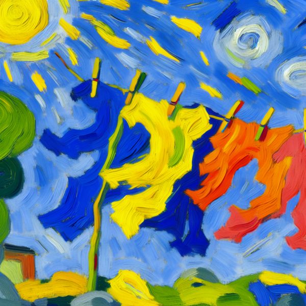Kleurrijke was in de wind - abstracte kunst Kleurrijke was die in de wind wappert tegen een heldere blauwe lucht, geschilderd in de abstracte stijl van Karel Appel.