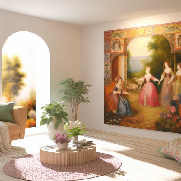 Kleurrijk schilderij in een serene woonkamer Een kleurrijk schilderij in een serene woonkamer met comfortabel meubilair.