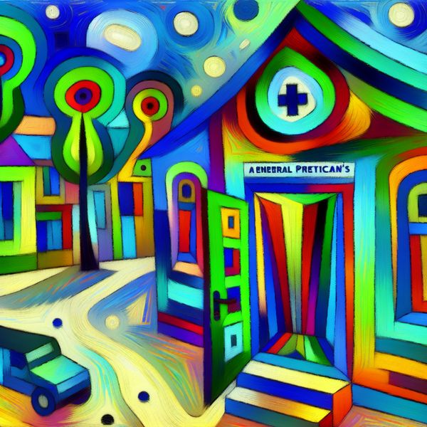 Kleurrijke abstracte weergave van een huisartsenpraktijk Abstracte, kleurrijke weergave van een huisartsenpraktijk met een uitnodigende deur en levendige elementen.
