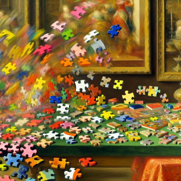 Een levendige scène met kleurrijke puzzelstukken op een versierde tafel, geïnspireerd door Frans Hals.