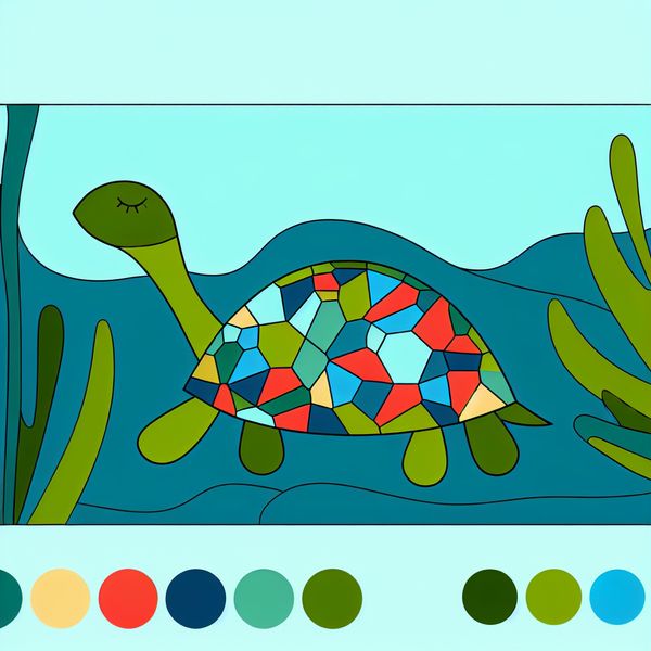 Kleurrijke schildpad illustratie in een serene omgeving Minimalistische illustratie van een kleurrijke schildpad met een prachtig patroon op zijn schild, zittend in een rustige aquatische omgeving.