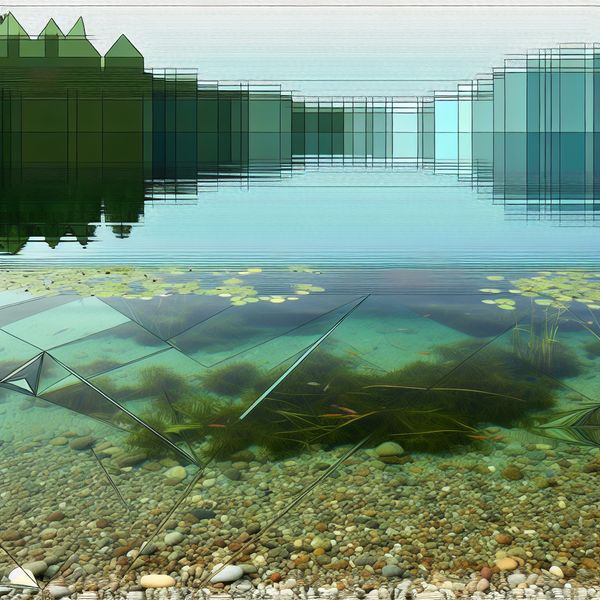 Kleurloze doorzichtige vloeistof: helder water in retro-futuristische stijl Retro-futuristische illustratie van een kristalhelder meer met zichtbare stenen, vissen en waterplanten, kleurloze en doorzichtige vloeistof benadrukkend