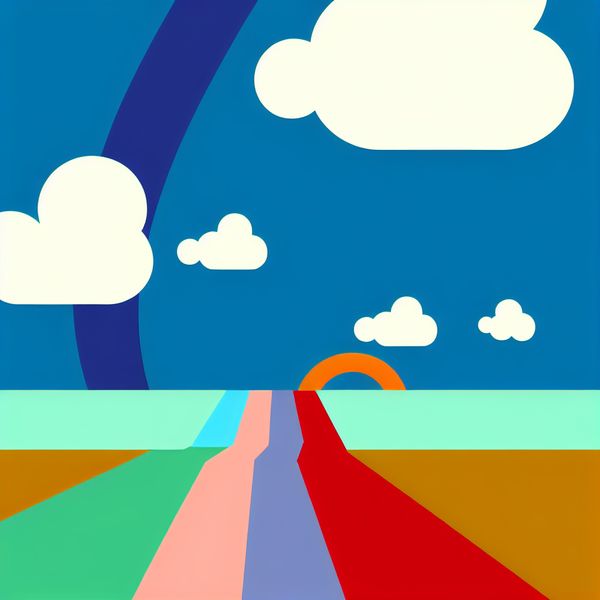 Minimalistische Illustratie van Verzameling van Wolken Vibrante, minimalistische illustratie van kleurige wolken die samenkomen op de horizon tijdens een zonnige dag.