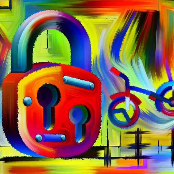 Vibrant en Abstract Fiets Slot In Beeld Abstracte en levendige afbeelding van een grote kleurrijke fietsslot in een kinderlijke stijl met speelse vormen en energieke kleuren.