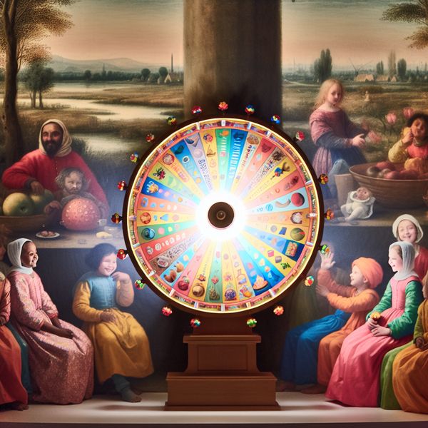 Kleurrijk Fortunerad Spel voor Kinderen Een kleurrijk fortunerad met kinderen die spelen in een rustige binnenomgeving, verlicht door zacht licht.