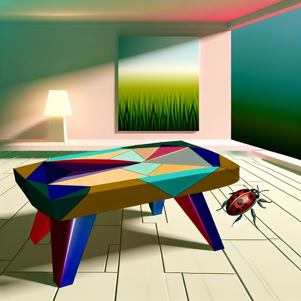 Kleurrijk Lieveheersbeestje op Geometrische Tafel Kleurrijke insect dat lijkt op een lieveheersbeestje, kruipend over een retro-futuristische tafel in een moderne kamer