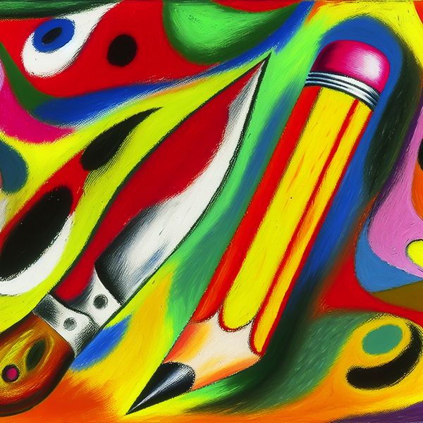 Vibrante abstracte illustratie van potlood en mes Abstracte illustratie van een groot, kleurrijk potlood naast een bot, onveilig mes.