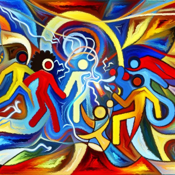 Kleurrijke teamwork illustratie: groep mensen die samenwerken met energie en kracht Abstracte illustratie van een dynamisch team dat samenwerkt, met kleurrijke energieverbindingen en een stralend krachtsymbool, in de stijl van Karel Appel