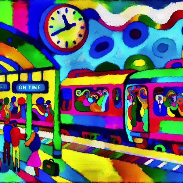 Vibrant Abstract Train Station Scene Een kleurrijk en abstract treinperron met een felgekleurde trein vol enthousiaste passagiers en een grote klok die 'op tijd' aangeeft.