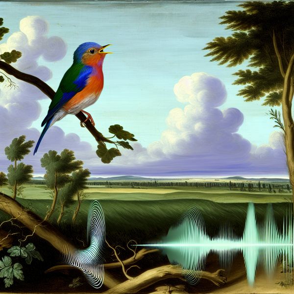 Kleurrijk vogeltje in een serene buitenomgeving Kleurrijk vogeltje dat op een tak zit en een hoog, schril geluid maakt, omringd door een sereen landschap met groene bomen en een dramatische lucht.