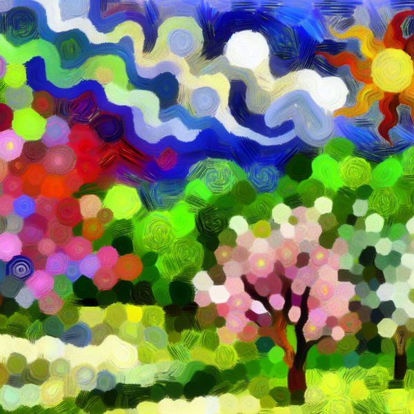 Abstracte kleurrijke scène die de lente symboliseert met bloeiende bloemen en groene bladeren.