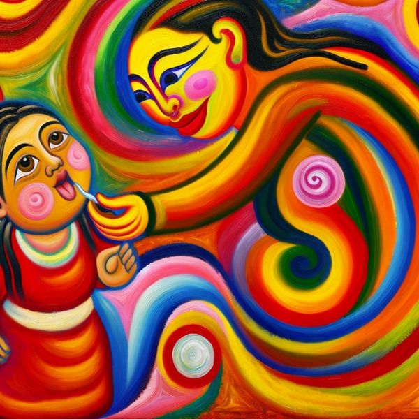 Kleurrijke abstracte kunst van een kind en Moedertje Een kleurrijke abstracte afbeelding van een kind die een kus geeft aan een figuur met de naam 'Moedertje'.