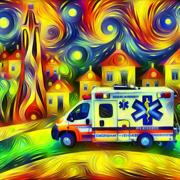 Een abstracte en kleurrijke afbeelding van een grote ambulance in een klein dorp, omringd door vrolijke dorpsbewoners die zorgen en opluchting tonen.