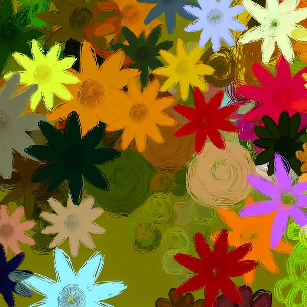 Kleurrijke Bloementuin in Minimalistische Stijl Een levendige tuin met een verscheidenheid aan bloemen, geïllustreerd in een minimalistische stijl.