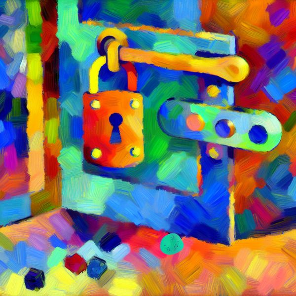 Abstracte afbeelding van een halfopen deur met grendel - Karel Appel stijl Kleurrijke abstracte afbeelding van een halfopen zware deur met een groot, cartoonachtig grendel in de voorgrond, omringd door levendige verfspatten en speelse vormen.