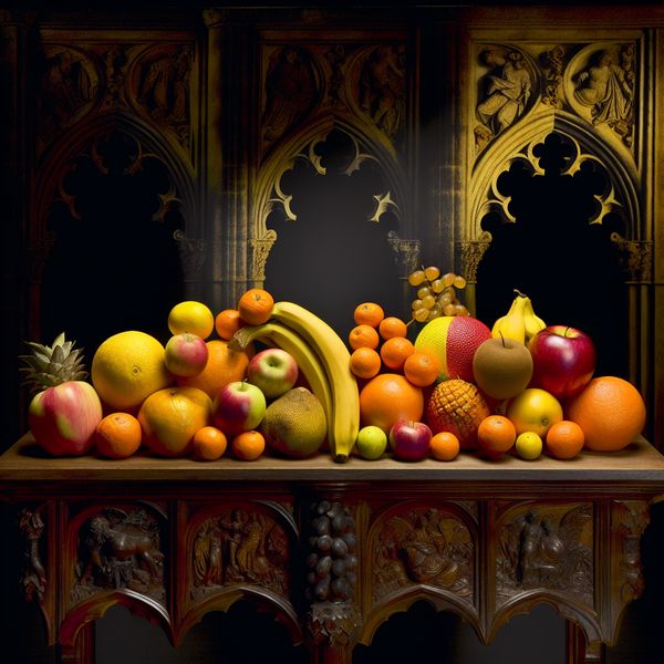 Kleurrijke exotische vruchten stilleven met gothic elementen Stilleven van kleurrijke exotische vruchten op een gedetailleerde donkere houten tafel met schaduwen en gothische elementen op de achtergrond.