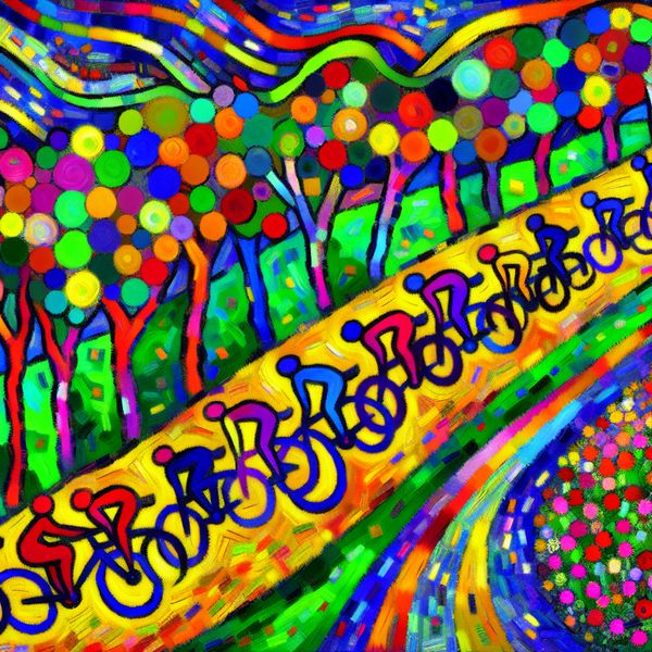 Abstracte afbeelding van een kleurrijke fietstocht door de natuur met levensgrote bomen en bloemen.