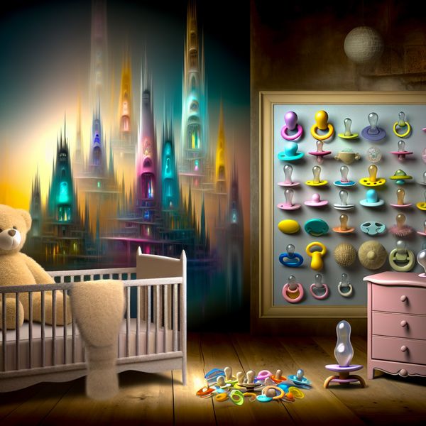 Kleurrijke Fopspenen in een Serene Babykamer Hyper-realistisch beeld van een serene babykamer met kleurrijke fopspenen en een teddybeer.