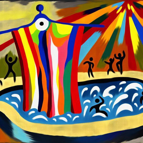 Een grote, kleurrijke handdoek hangt over de rand van een abstract zwembad, met vrolijke water-splash effecten op de achtergrond.