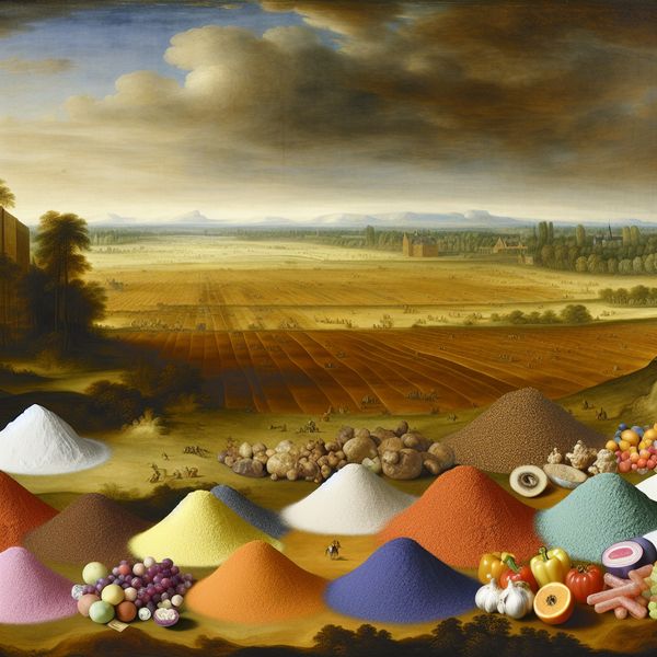Kleurrijke ingrediënten in een majestueus landschap Een majestueus landschap met een uitgestrekt veld vol kleurrijke ingrediënten zoals bloem, suiker en fruit, die de concepten van 'stof' als massa materialen vertegenwoordigen.