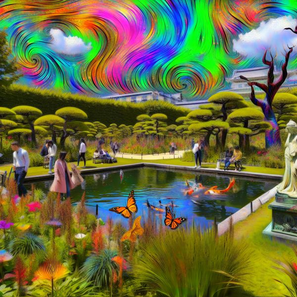 Vibrante Japanse tuin in stadspark met kleurrijke bloemen Kleurrijke Japanse tuin in een stadspark met bloeiende bloemen, een vijver en speelse sculpturen