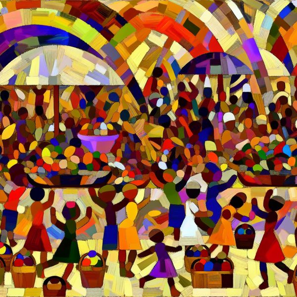 Abstracte kleurrijke markt met mensen die gratis producten verkennen, geïnspireerd door Karel Appel.