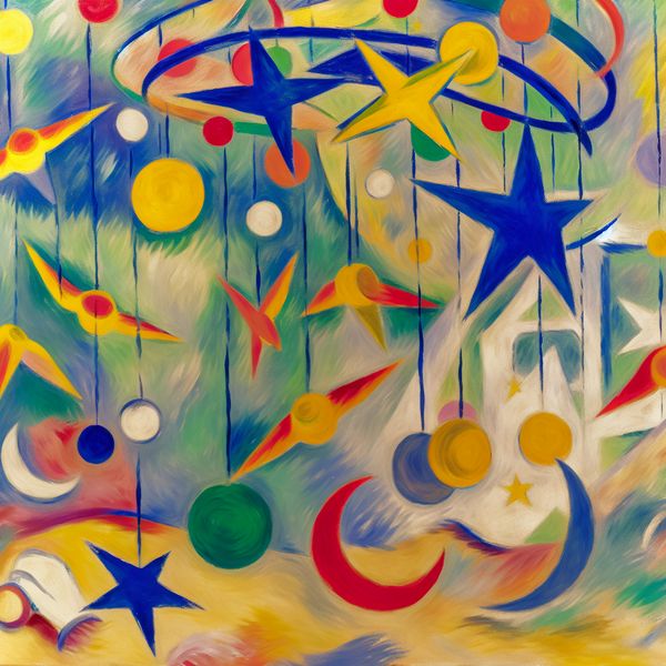 Kleurrijke mobiel met abstracte sterren en manen in de speelse stijl van Karel Appel, zwevend in een kinderkamer of kunstinstallatie