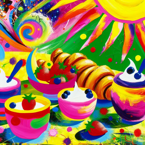 Kleurrijke en speelse ontbijtscene met croissants, yoghurt en vers fruit, geïnspireerd door Karel Appel