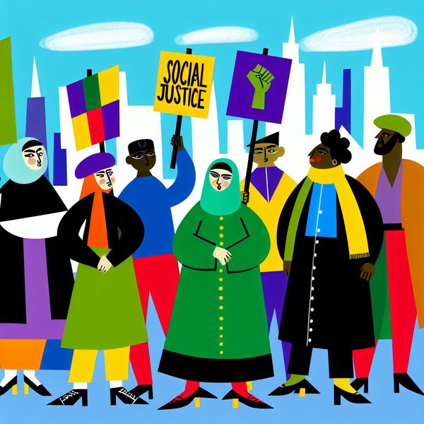 Kleurrijke Rally voor Sociale Rechtvaardigheid - Activisme Illustratie Minimalistische illustratie van een kleurrijke rally met diverse mensen die banners vasthouden met teksten als 'sociaal rechtvaardigheid' en 'gelijkheid'.