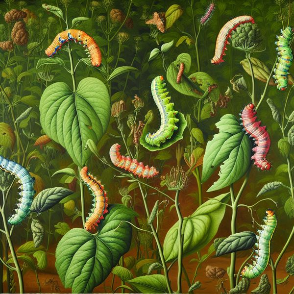 Vrolijke en kleurrijke rupsjes die bladeren van een plant afknagen in een levendige natuurlijke omgeving