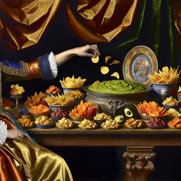 Kleurrijke snacks en guacamole in barokke setting Een gedekte tafel vol met kleurrijke snacks, waaronder een schaal met verschillende soorten krokante chips en guacamole