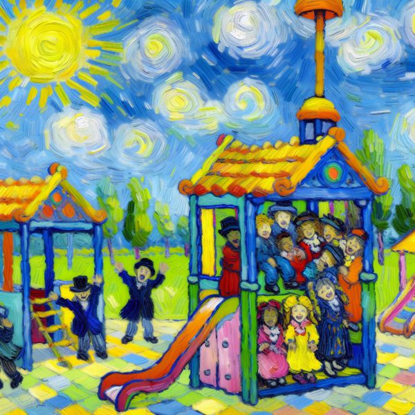 Kleurrijke speeltuin met een kleine lift voor kinderen, vrolijke kinderen gebruiken de lift, heldere blauwe lucht met wolken